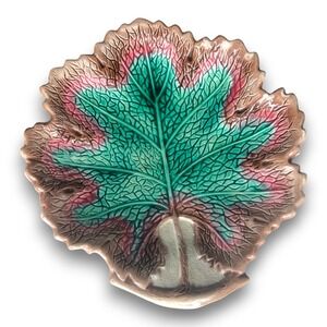 Antique Majolica Oak Leaf Plate Green Pink Brown Glaze 19th Century